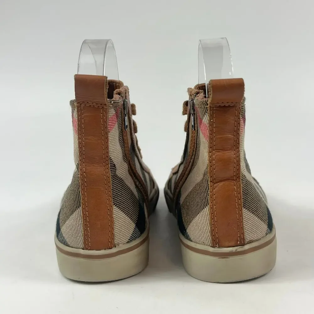 Burberry Kids Sz 2 (33) Nova Check High Top Sneakers Brown Tan Canvas Leather